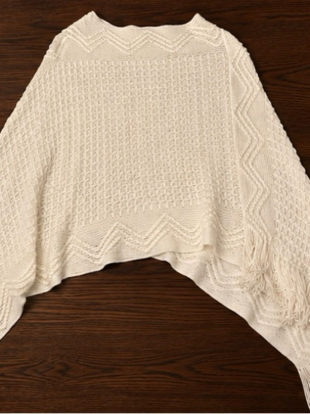 Cream Crochet Knit Cropped Poncho Sweater Fringe